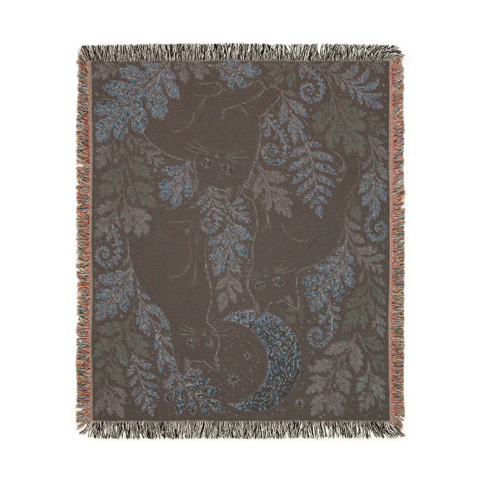 Black Cats and Crescent Moon Woven Blanket | Autumn Leaf Tapestry
