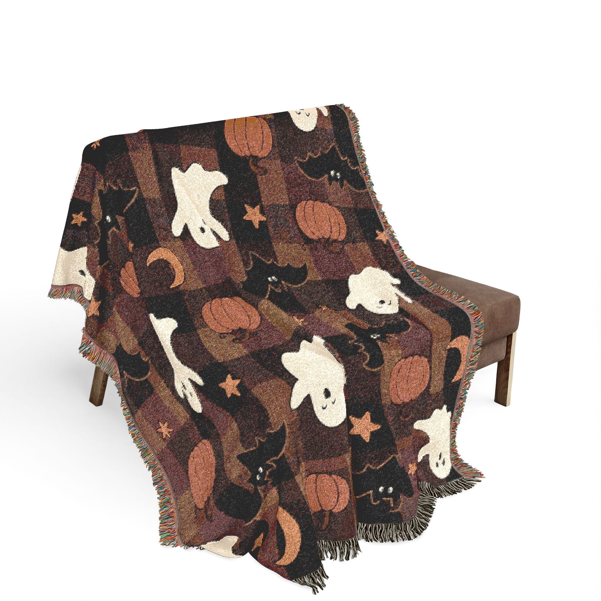 Cute Ghost Pattern Woven Blanket | Halloween Ghosts, Pumpkins & Stars