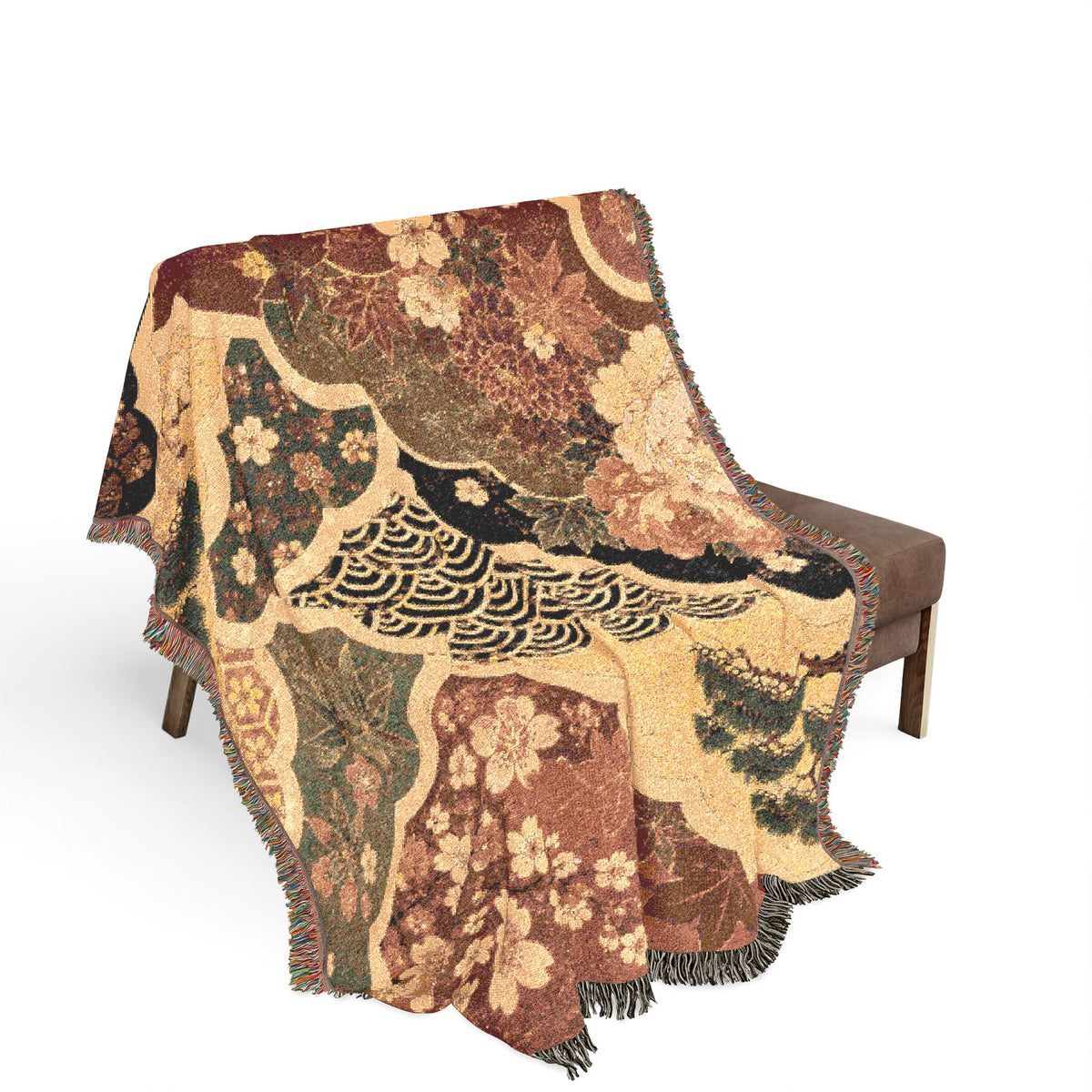 Floral Japanese style Pattern Woven Blanket | Vintage Patchwork Tapestry Throw