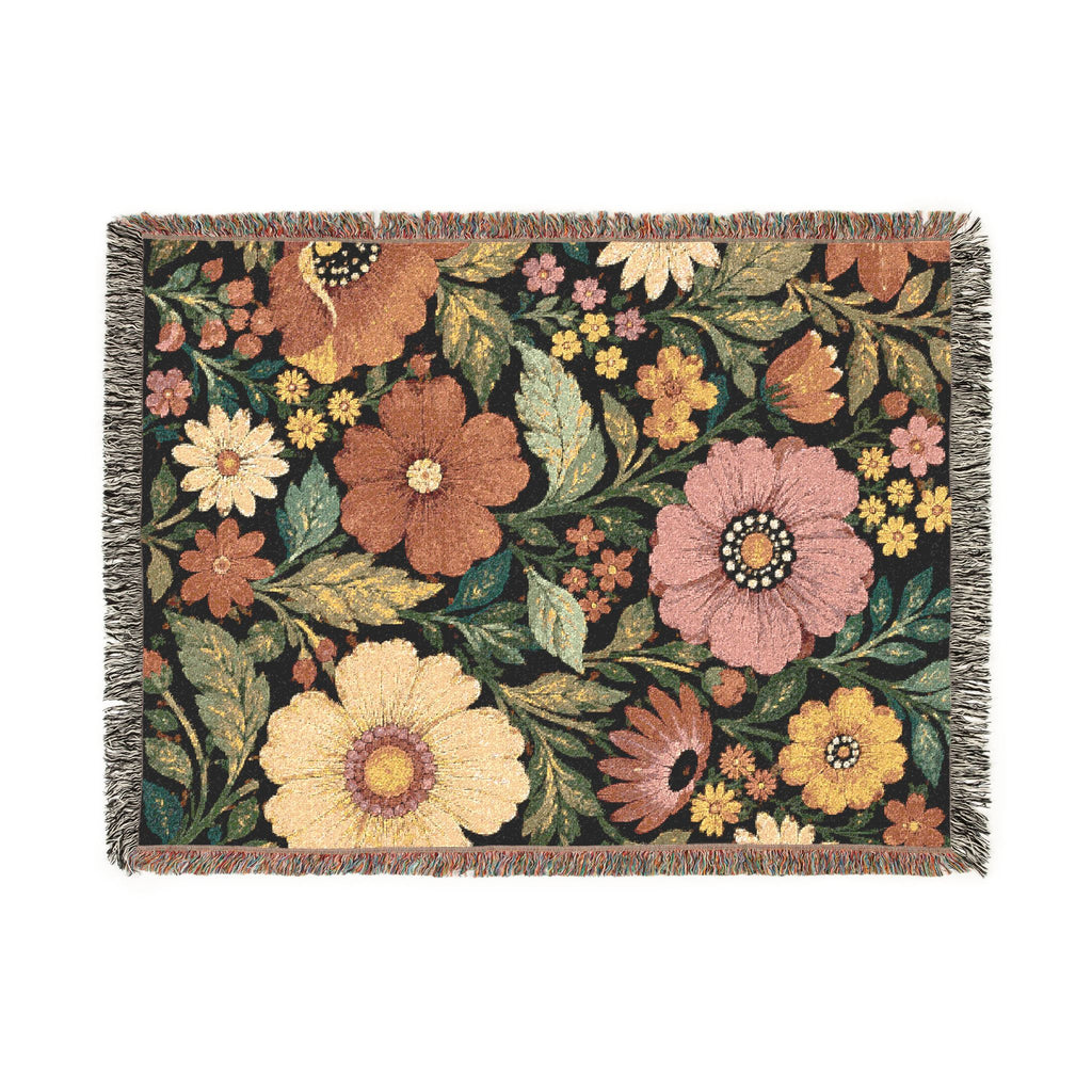 Vintage Floral Woven Blanket | Retro Botanical Throw, Tapestry Style
