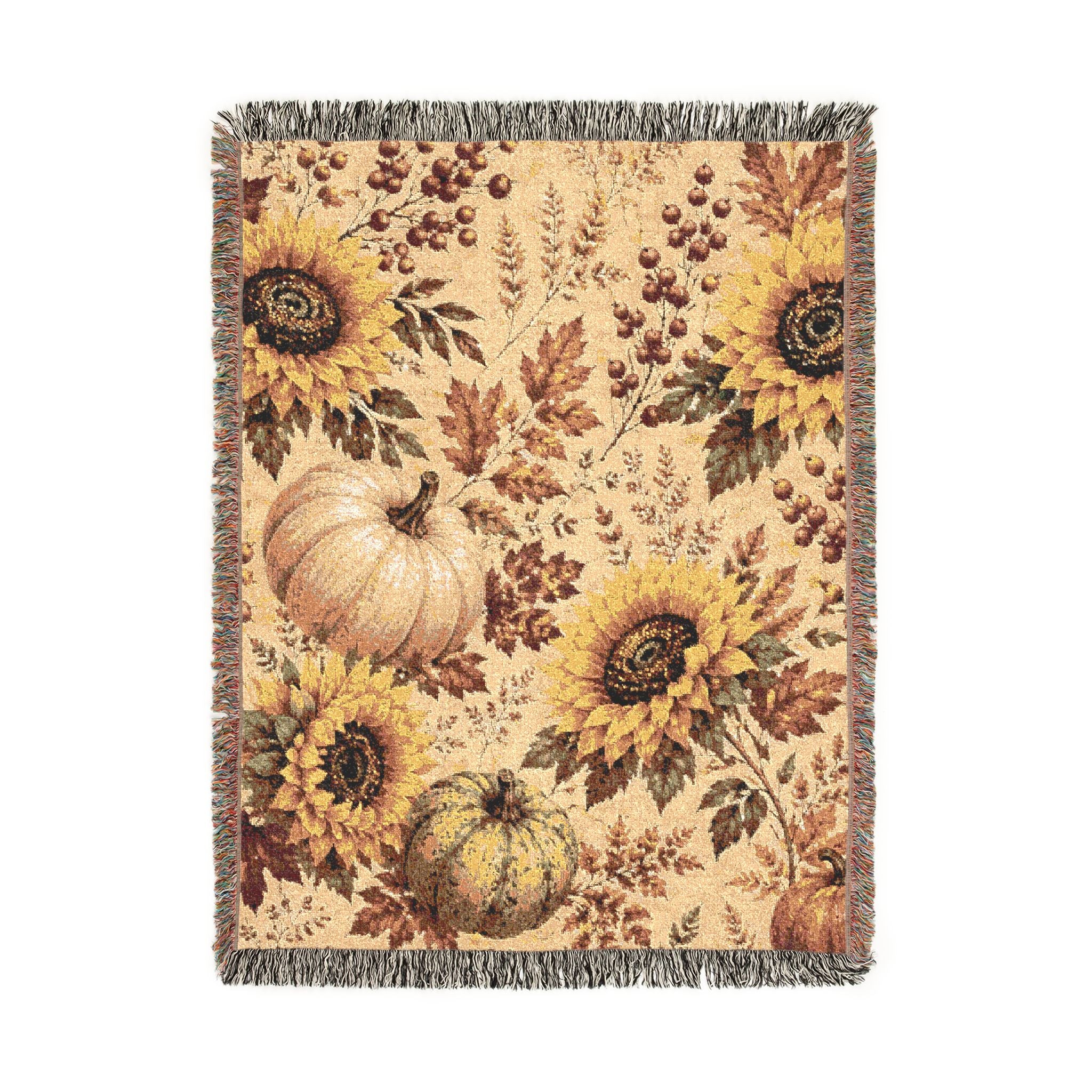 Sunflower Pumpkin Fall Tapestry Woven Blanket | Autumn Floral Throw