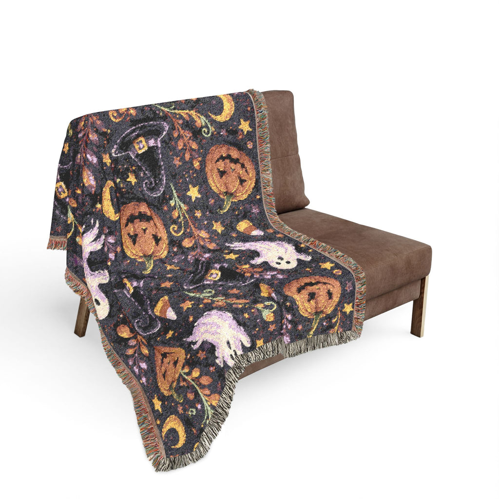 Halloween Ghost Pattern Woven Blanket | Jack-o'-Lanterns, Moon, Candy