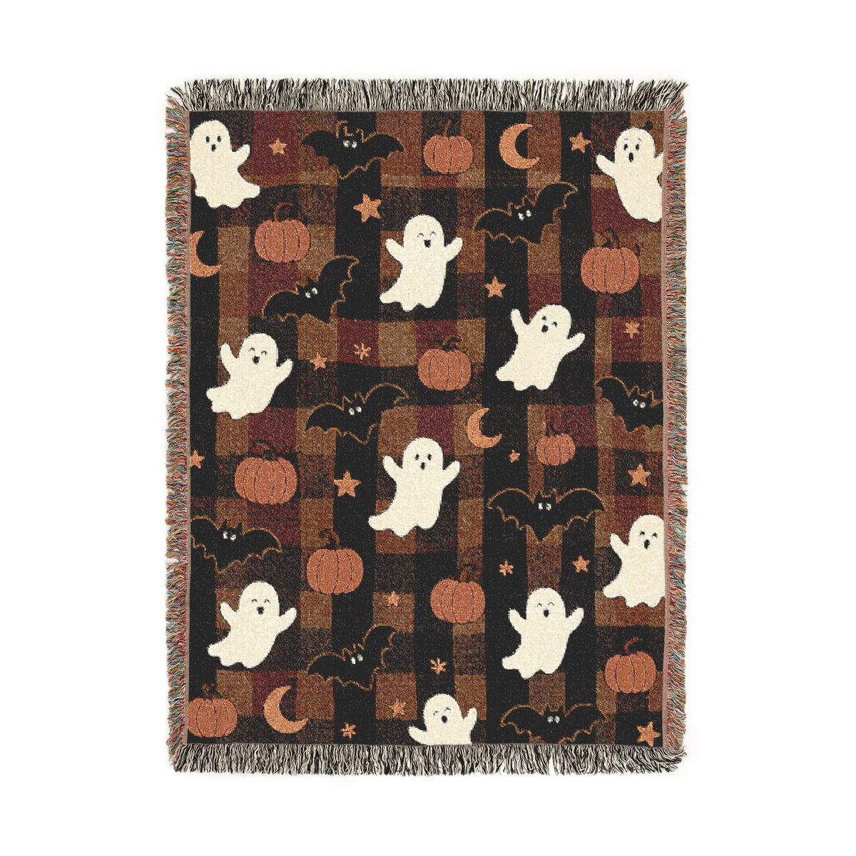 Cute Ghost Pattern Woven Blanket | Halloween Ghosts, Pumpkins & Stars