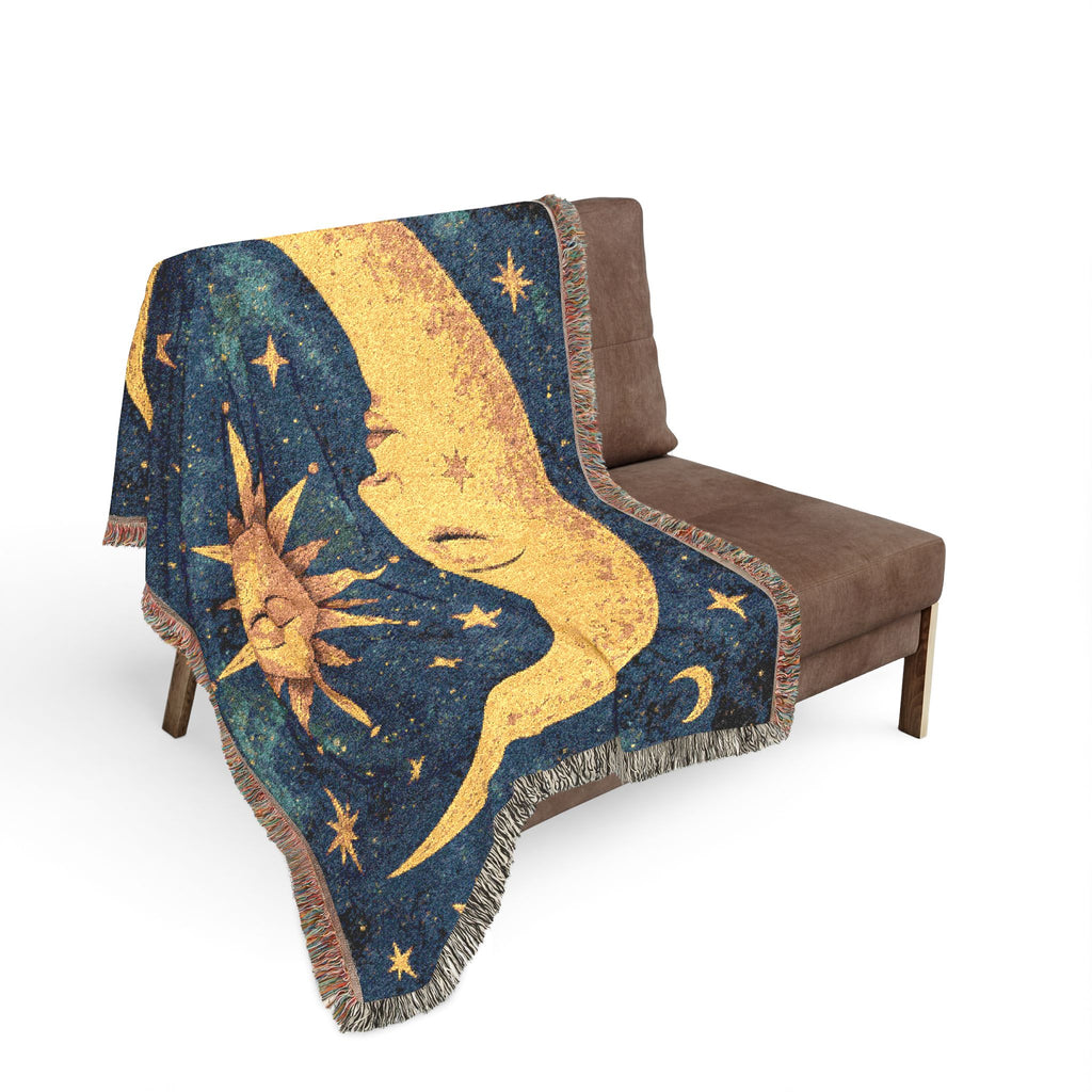 Celestial Moon and Sun Woven Blanket | Mystic Starry Tapestry Throw