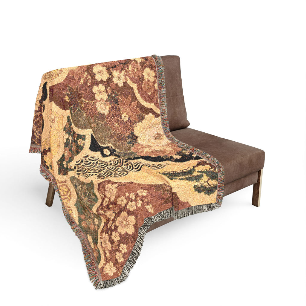 Floral Japanese style Pattern Woven Blanket | Vintage Patchwork Tapestry Throw