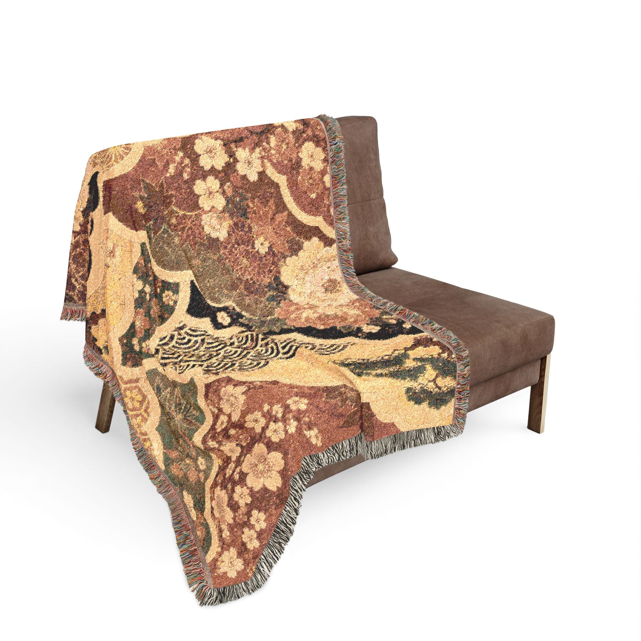 Floral Japanese style Pattern Woven Blanket | Vintage Patchwork Tapestry Throw