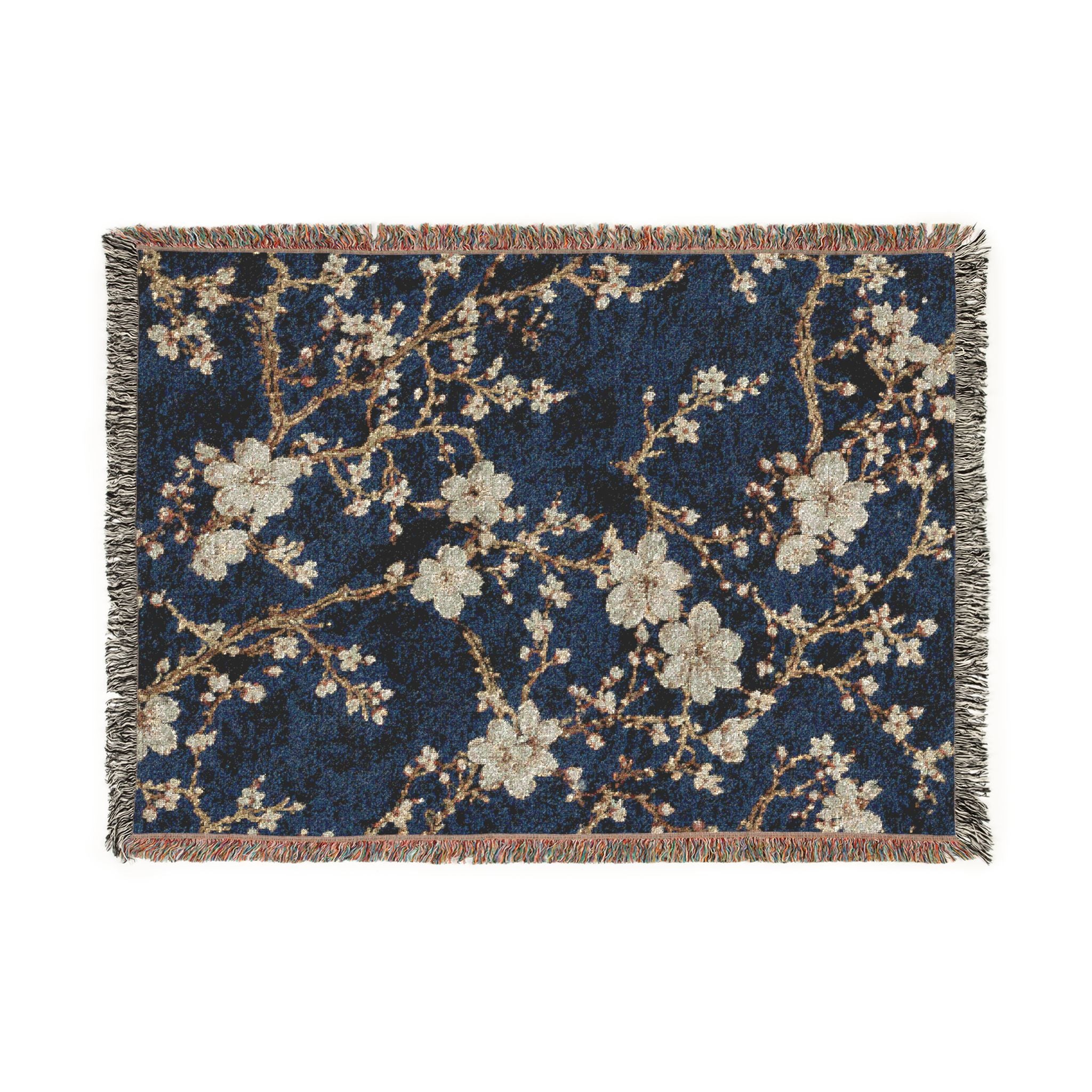 Floral Mosaic Woven Blanket — Navy Cherry Blossom Throw
