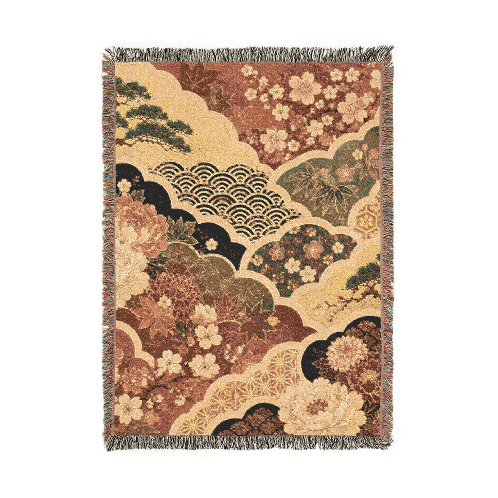 Floral Japanese style Pattern Woven Blanket | Vintage Patchwork Tapestry Throw