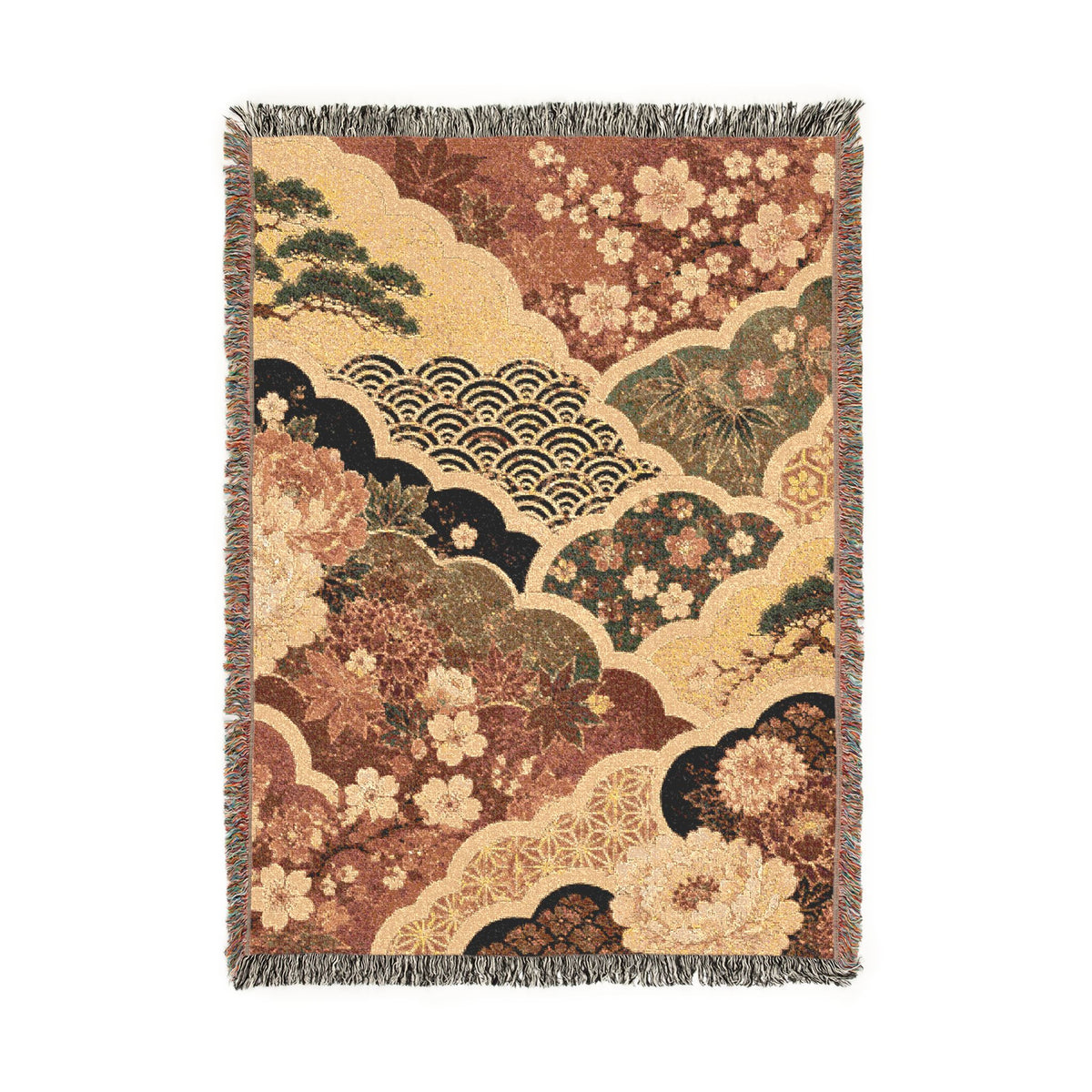 Floral Japanese style Pattern Woven Blanket | Vintage Patchwork Tapestry Throw