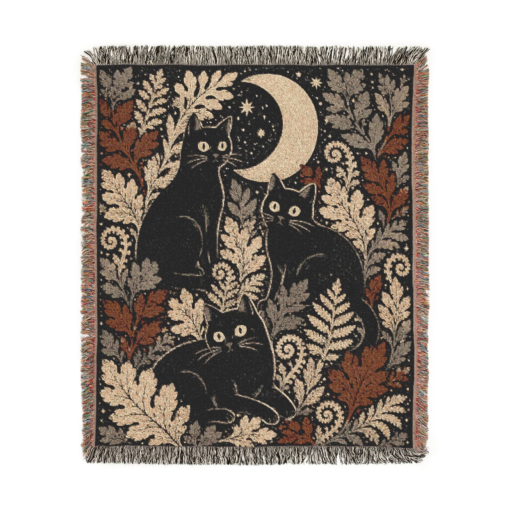 Black Cats and Crescent Moon Woven Blanket | Autumn Leaf Tapestry