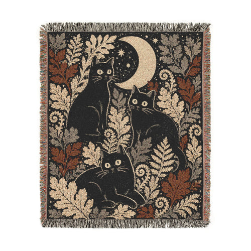 Black Cats and Crescent Moon Woven Blanket | Autumn Leaf Tapestry