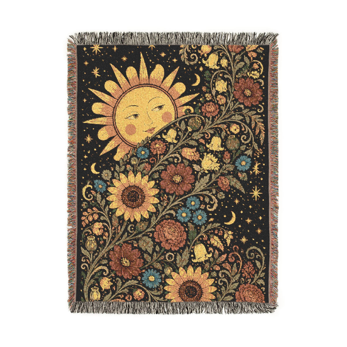 Sunflower Moon Tapestry Woven Blanket | Celestial Floral Throw