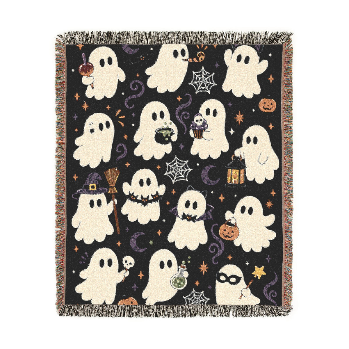 Cute Ghost Pattern Woven Blanket | Halloween Pumpkin Night Sky