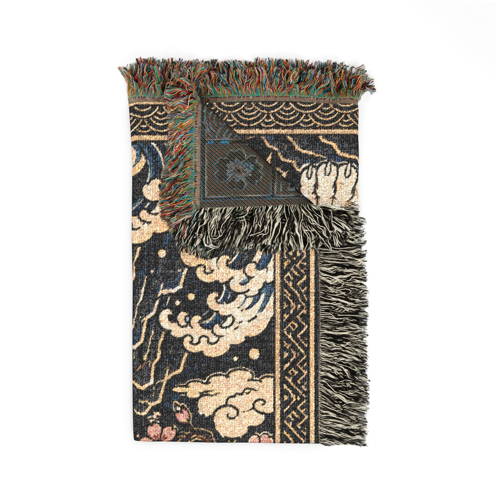 White Tiger Illustration Woven Blanket | Asian Floral Motif, Decorative Throw