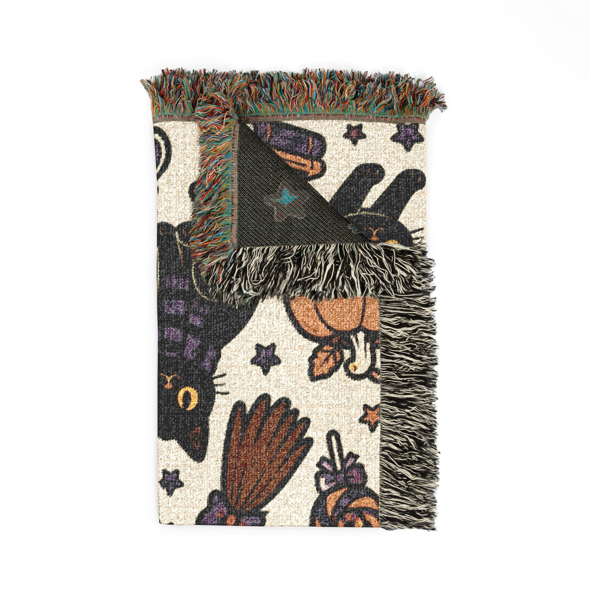 Black Cat Halloween Pattern Woven Blanket | Spooky Pumpkin Ghosts