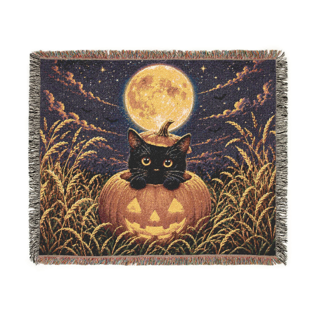 Halloween Cat & Full Moon Woven Blanket