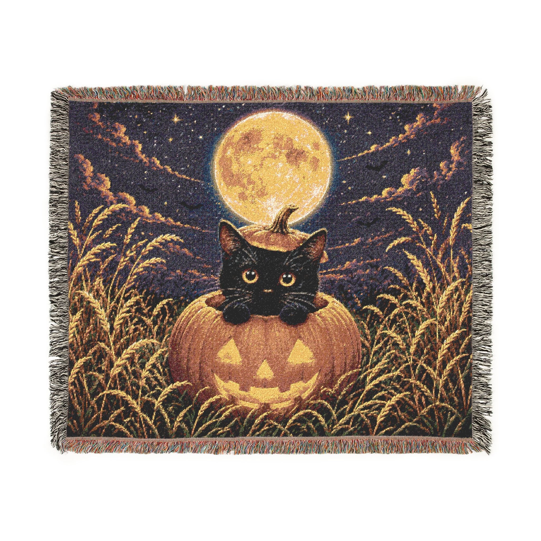 Halloween Cat & Full Moon Woven Blanket