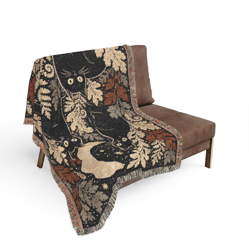 Black Cats and Crescent Moon Woven Blanket | Autumn Leaf Tapestry