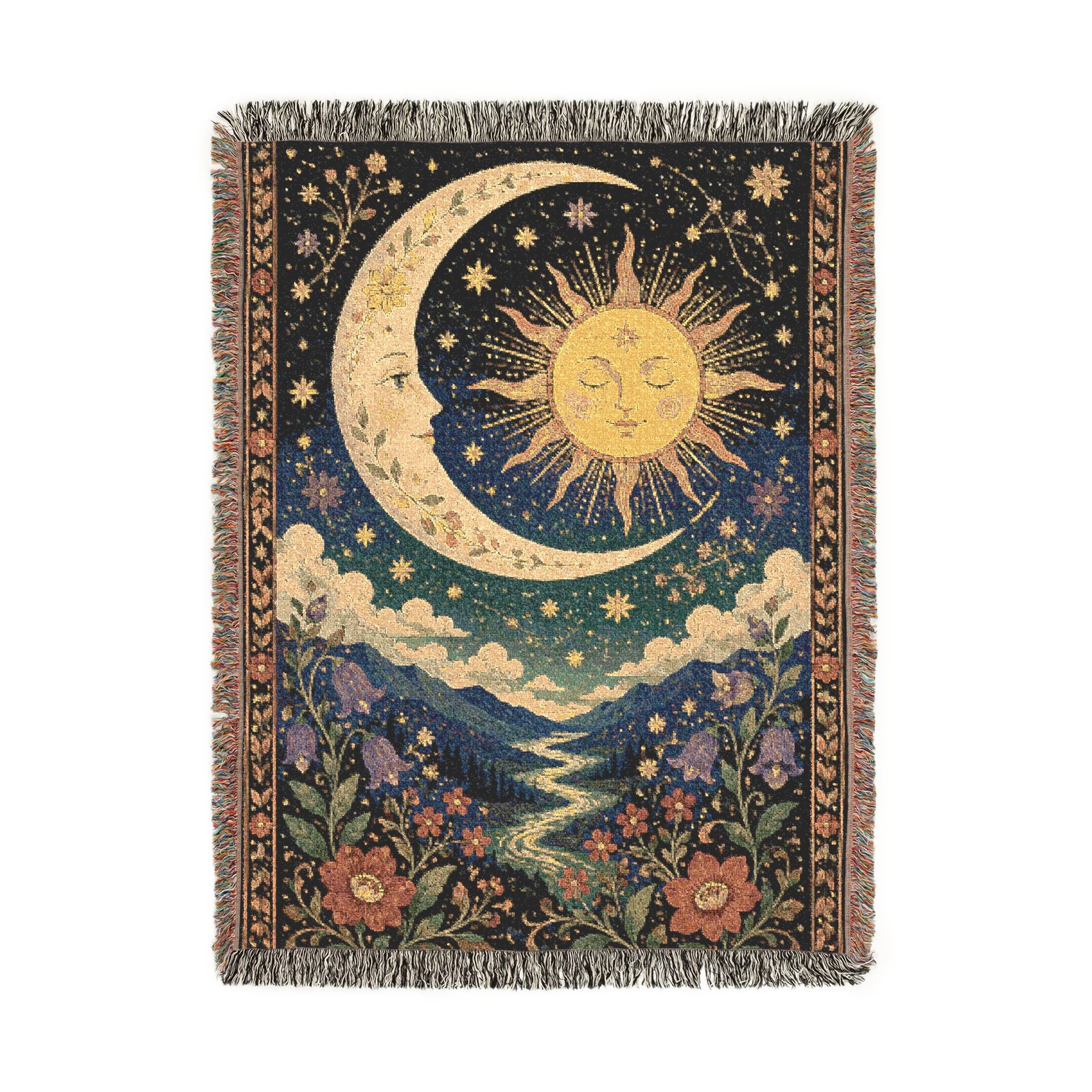 Sun and Moon Tapestry Woven Blanket | Celestial Boho Throw