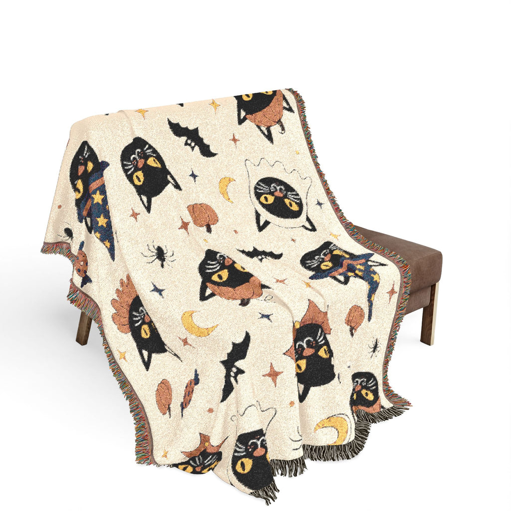 Spooky Cat Witch Pattern Woven Blanket | Halloween Cat Moon Stars