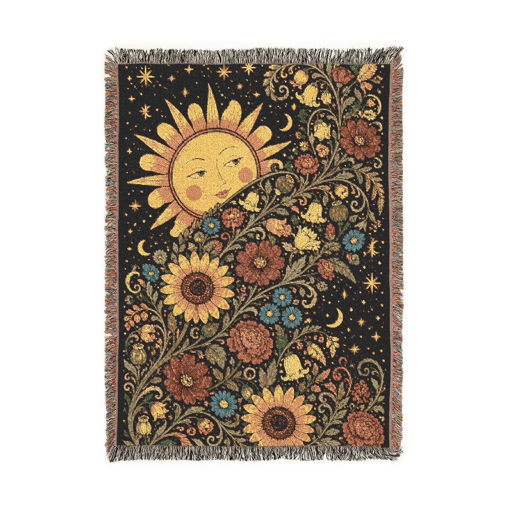 Sunflower Moon Tapestry Woven Blanket | Celestial Floral Throw