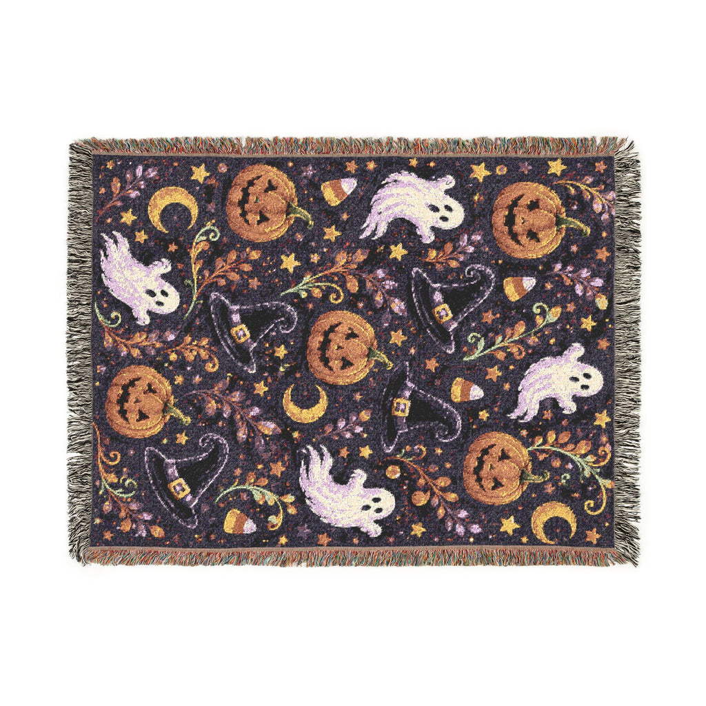 Halloween Ghost Pattern Woven Blanket | Jack-o'-Lanterns, Moon, Candy