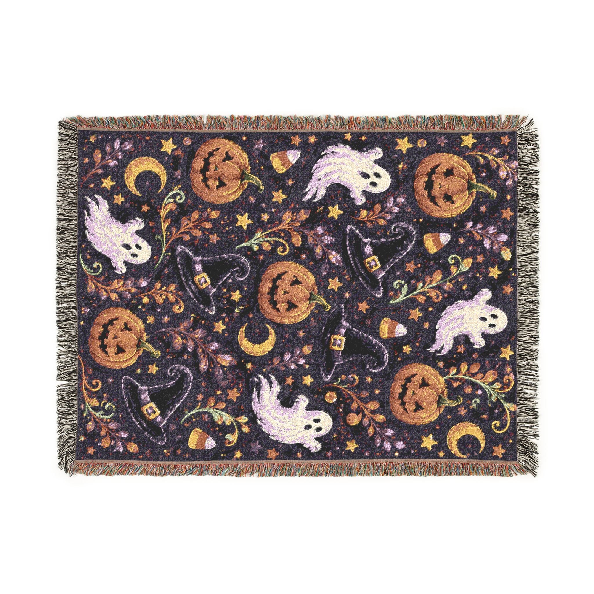 Halloween Ghost Pattern Woven Blanket | Jack-o'-Lanterns, Moon, Candy