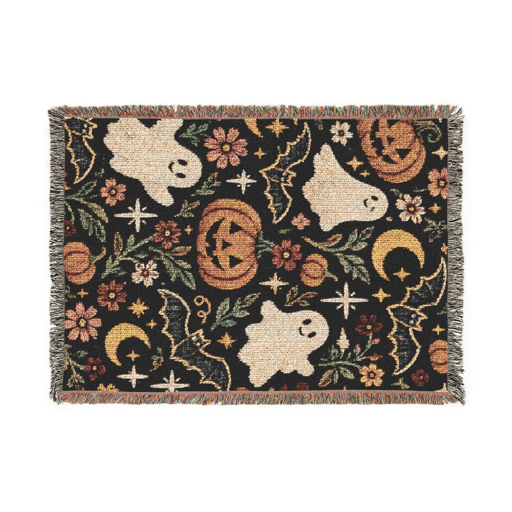 Halloween Ghosts and Pumpkins Woven Blanket | Spooky Retro Pattern
