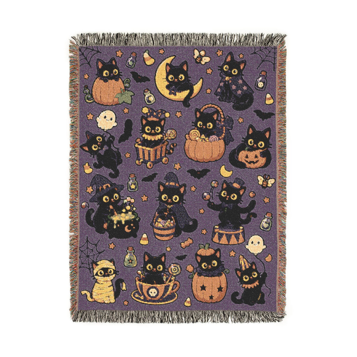 Pixel Halloween Cats Woven Blanket | Spooky Night Pattern