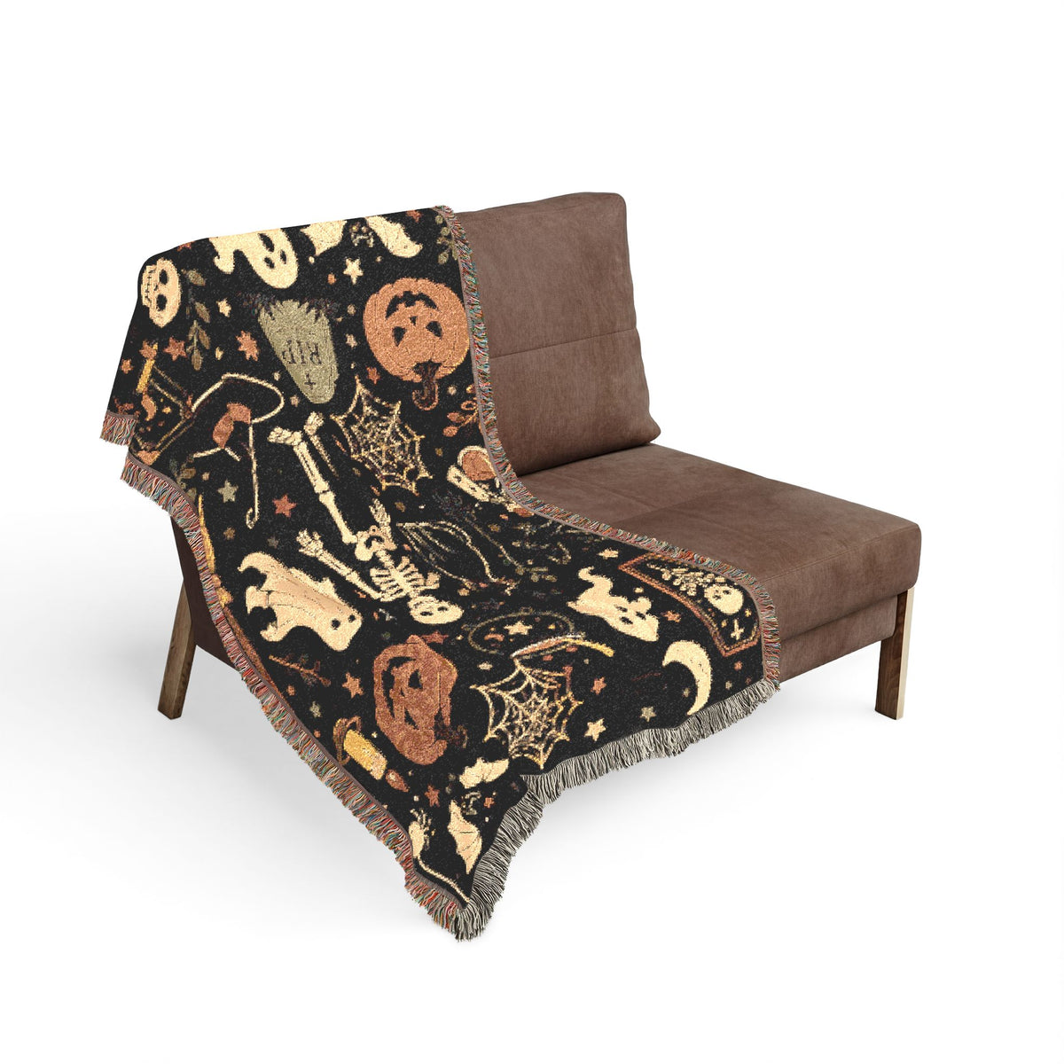 Halloween Spooky Pattern Woven Blanket | Ghosts Pumpkins Skeletons
