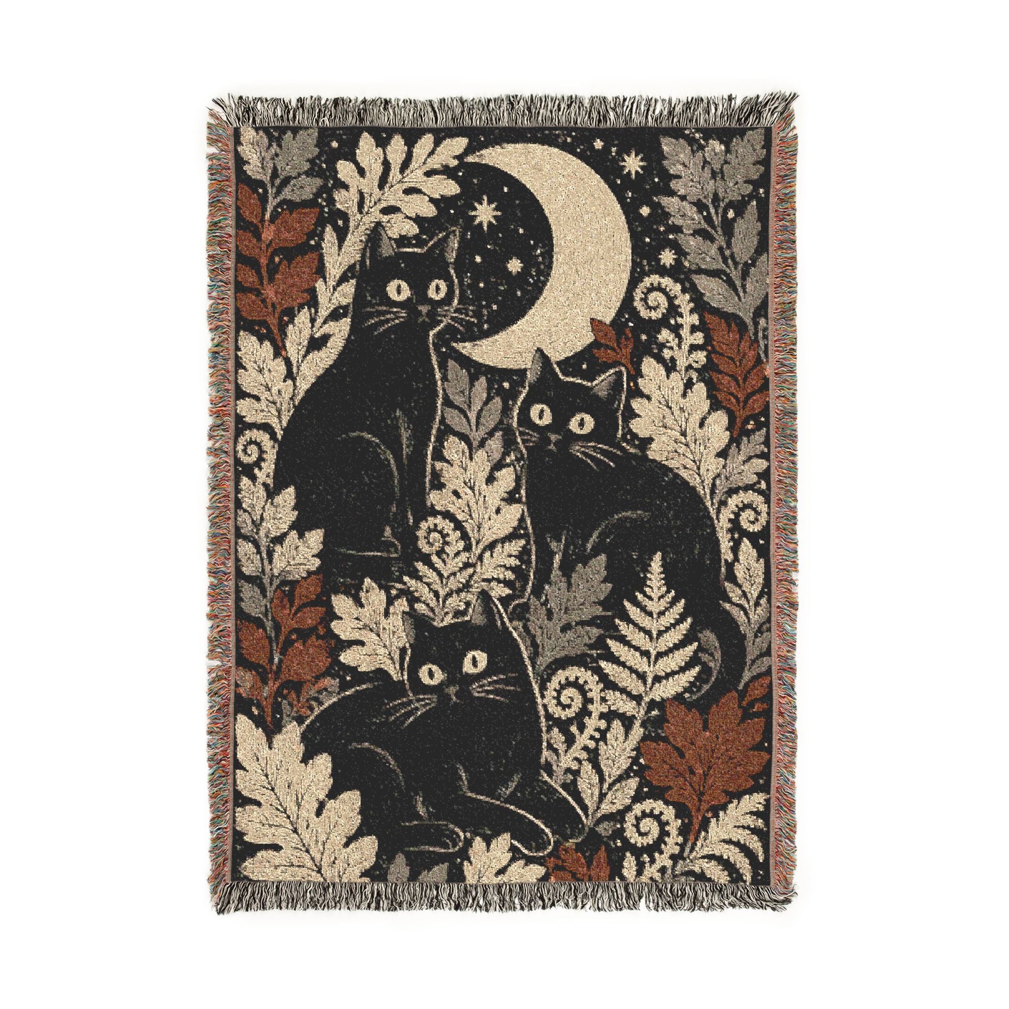 Black Cats and Crescent Moon Woven Blanket | Autumn Leaf Tapestry