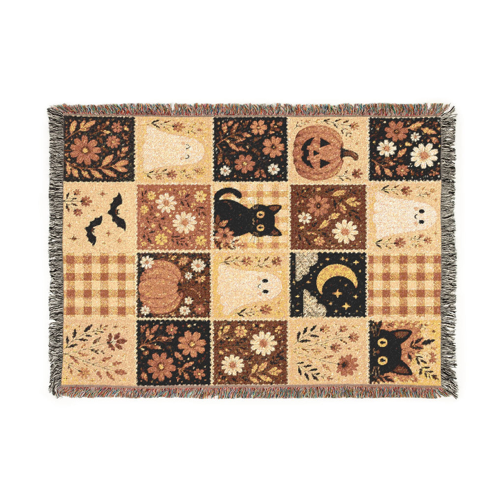 Patchwork Fall Woven Blanket - Cozy Farmhouse Throw with Pumpkins & Cats