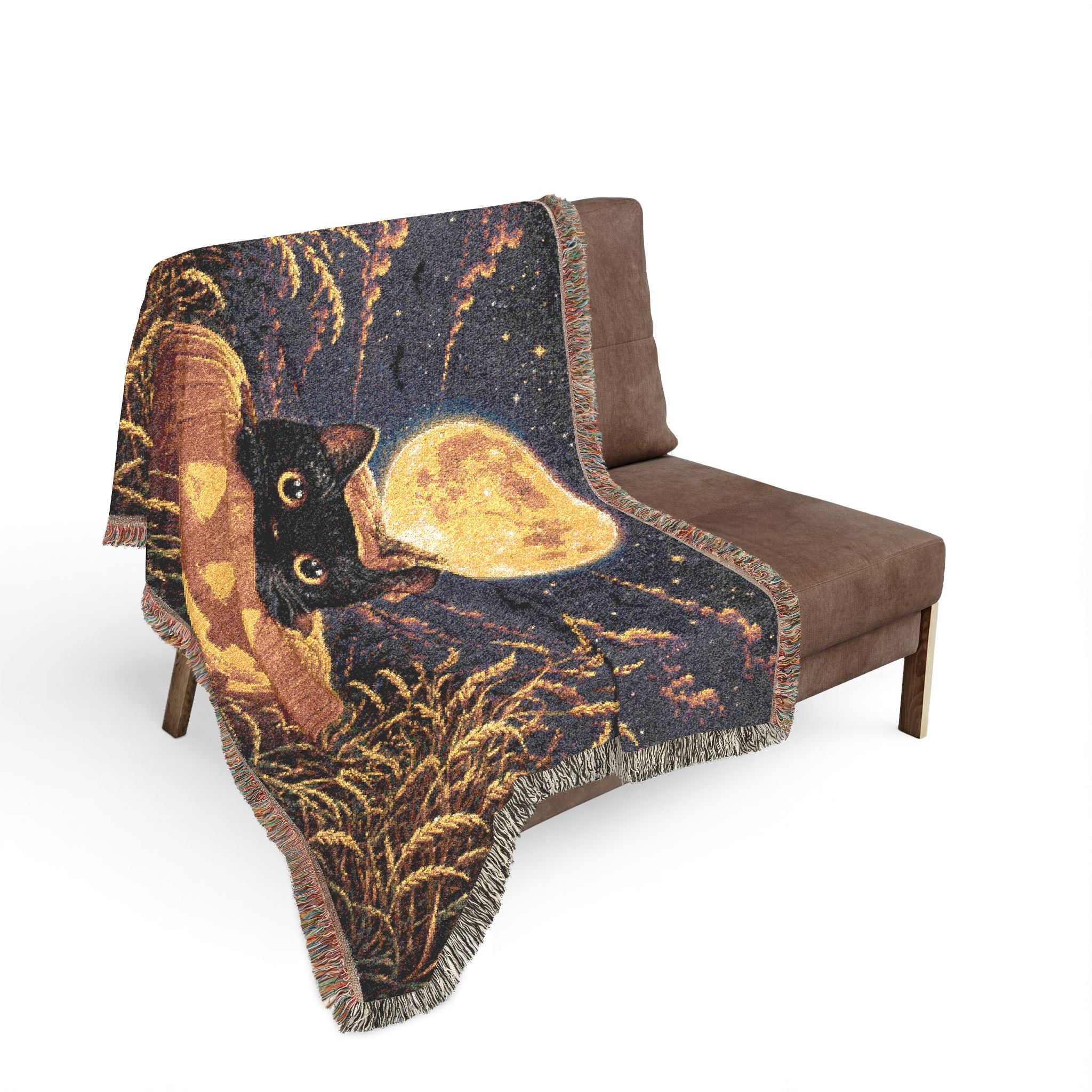 Halloween Cat & Full Moon Woven Blanket