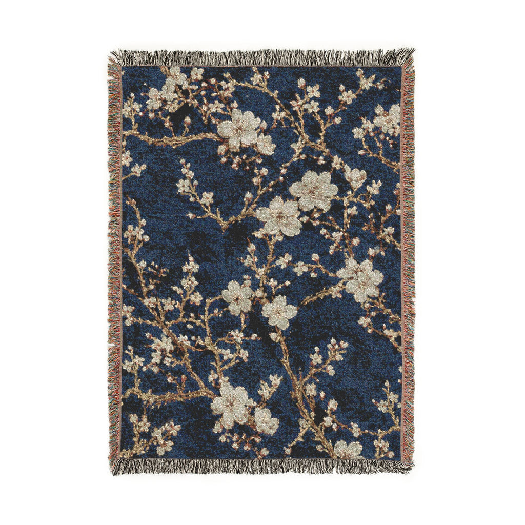 Cherry Blossom Pattern Woven Blanket | Navy Floral Branch Throw