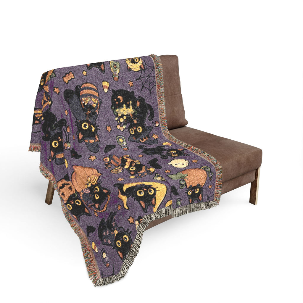 Pixel Halloween Cats Woven Blanket | Spooky Night Pattern