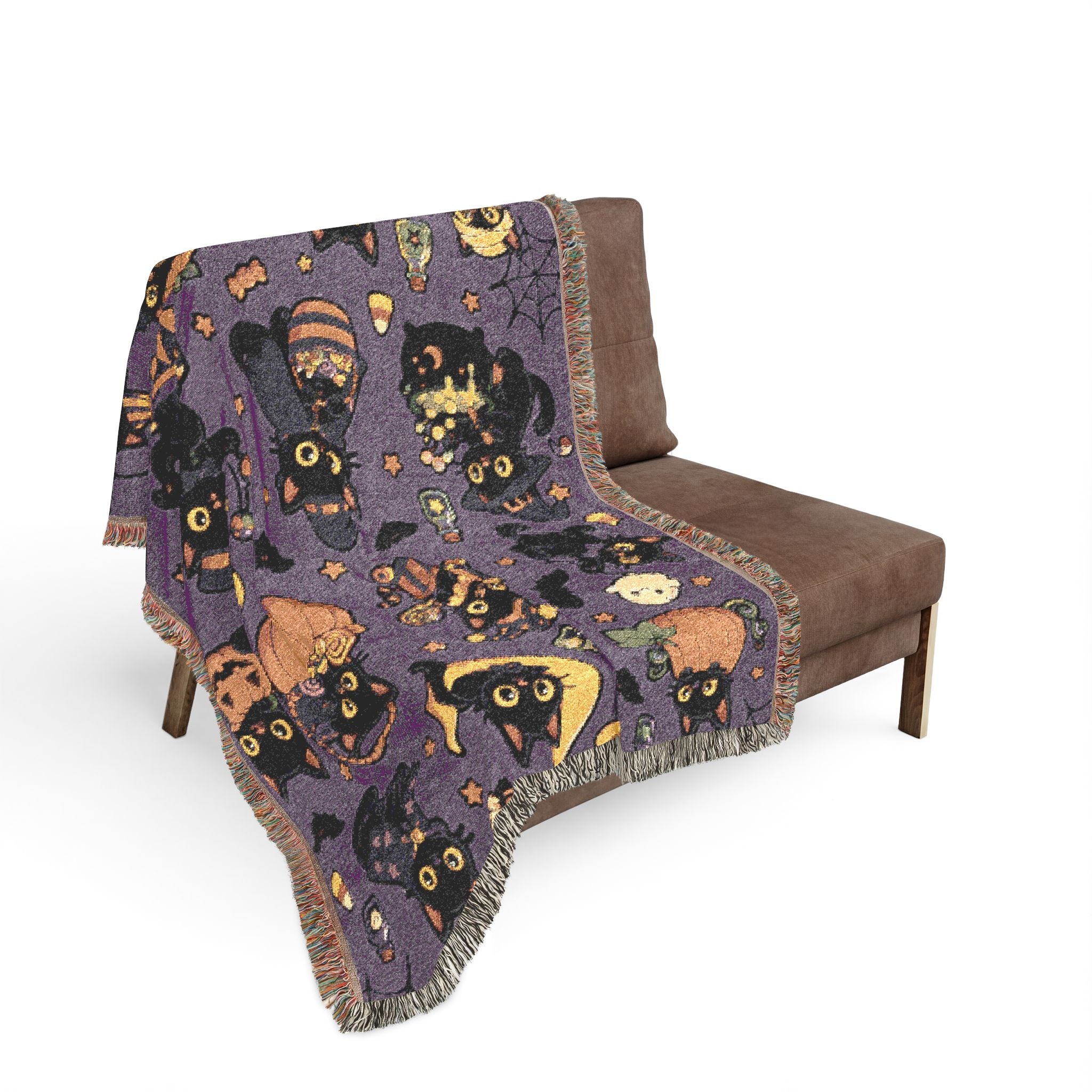 Pixel Halloween Cats Woven Blanket | Spooky Night Pattern