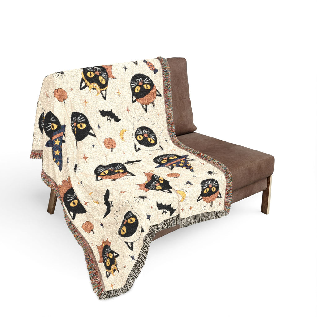 Spooky Cat Witch Pattern Woven Blanket | Halloween Cat Moon Stars