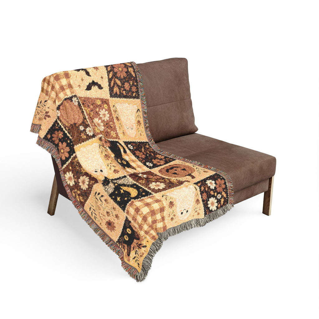 Patchwork Fall Woven Blanket - Cozy Farmhouse Throw with Pumpkins & Cats