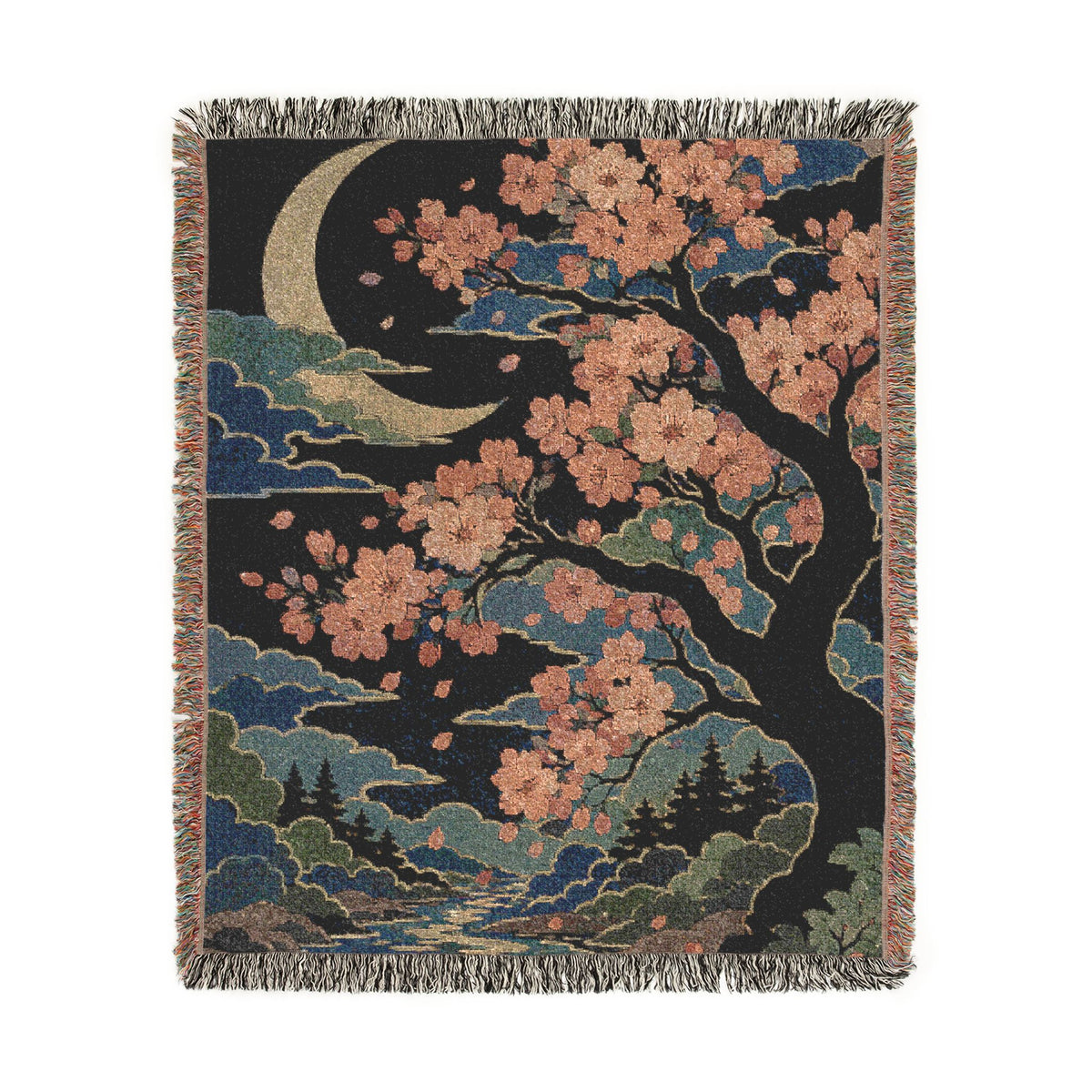 Cherry Blossom Moon Woven Blanket | Floral Night Sky Throw