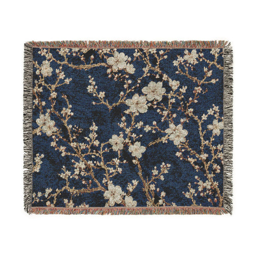 Floral Mosaic Woven Blanket — Navy Cherry Blossom Throw