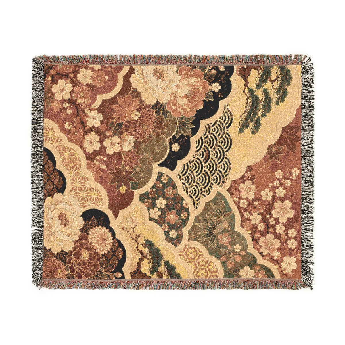 Floral Japanese style Pattern Woven Blanket | Vintage Patchwork Tapestry Throw