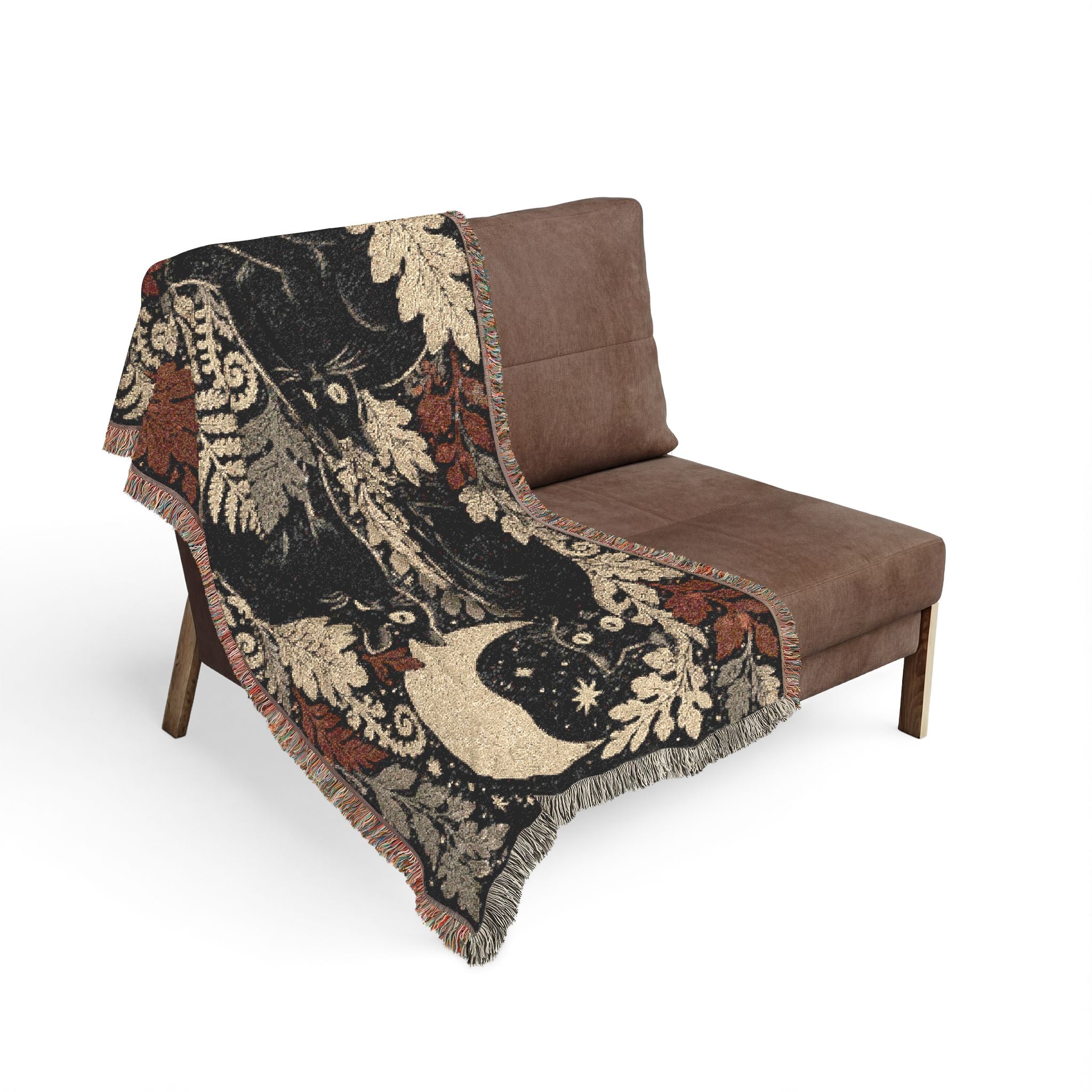 Black Cats and Crescent Moon Woven Blanket | Autumn Leaf Tapestry