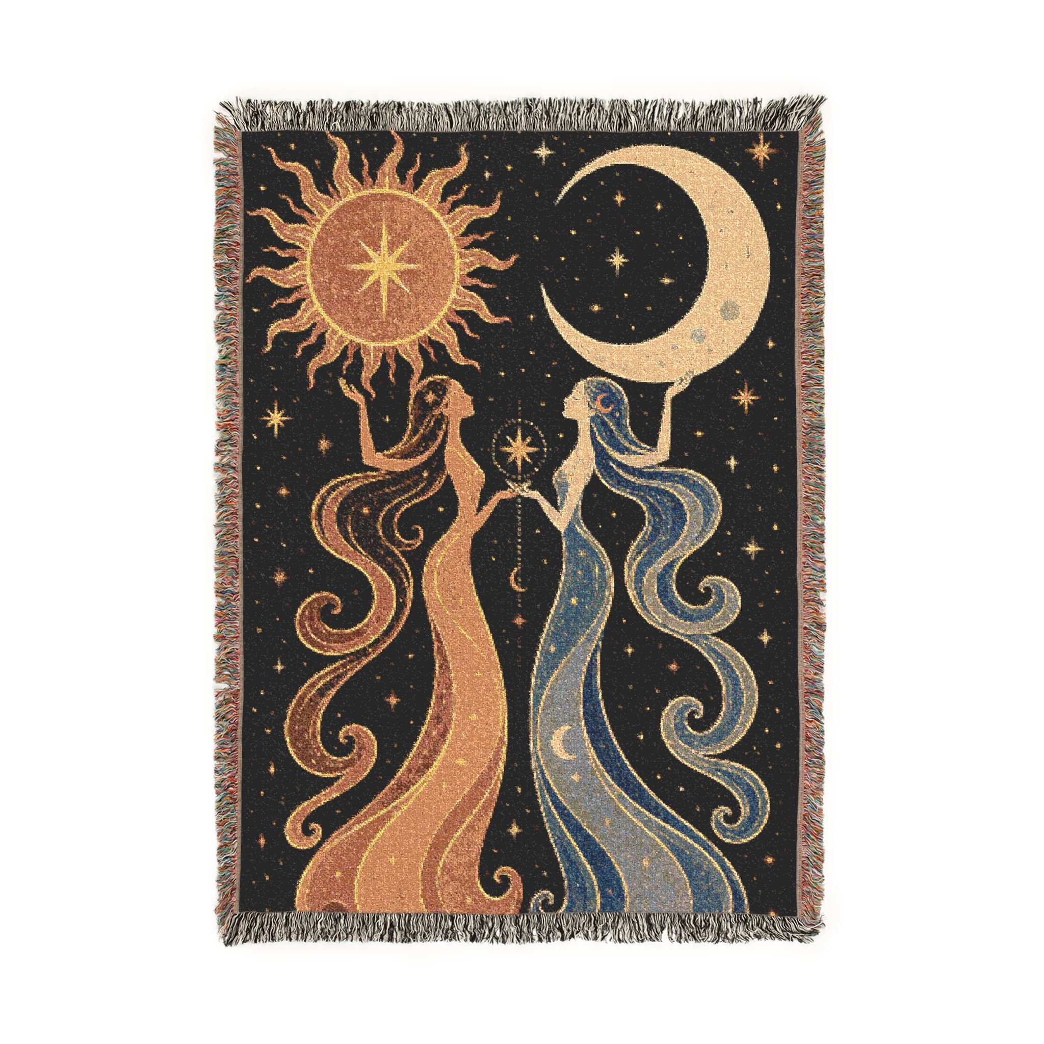 Sun and Moon Tapestry Woven Blanket | Celestial Waves Throw
