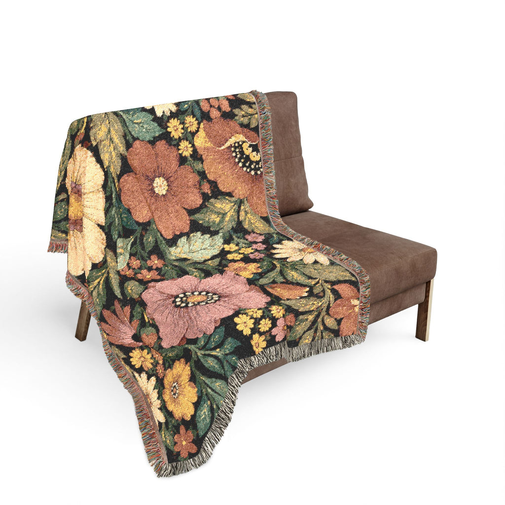 Vintage Floral Woven Blanket | Retro Botanical Throw, Tapestry Style