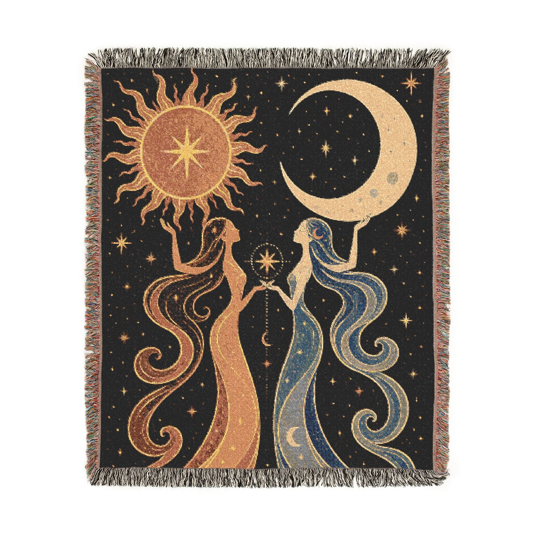 Sun and Moon Tapestry Woven Blanket | Celestial Waves Throw