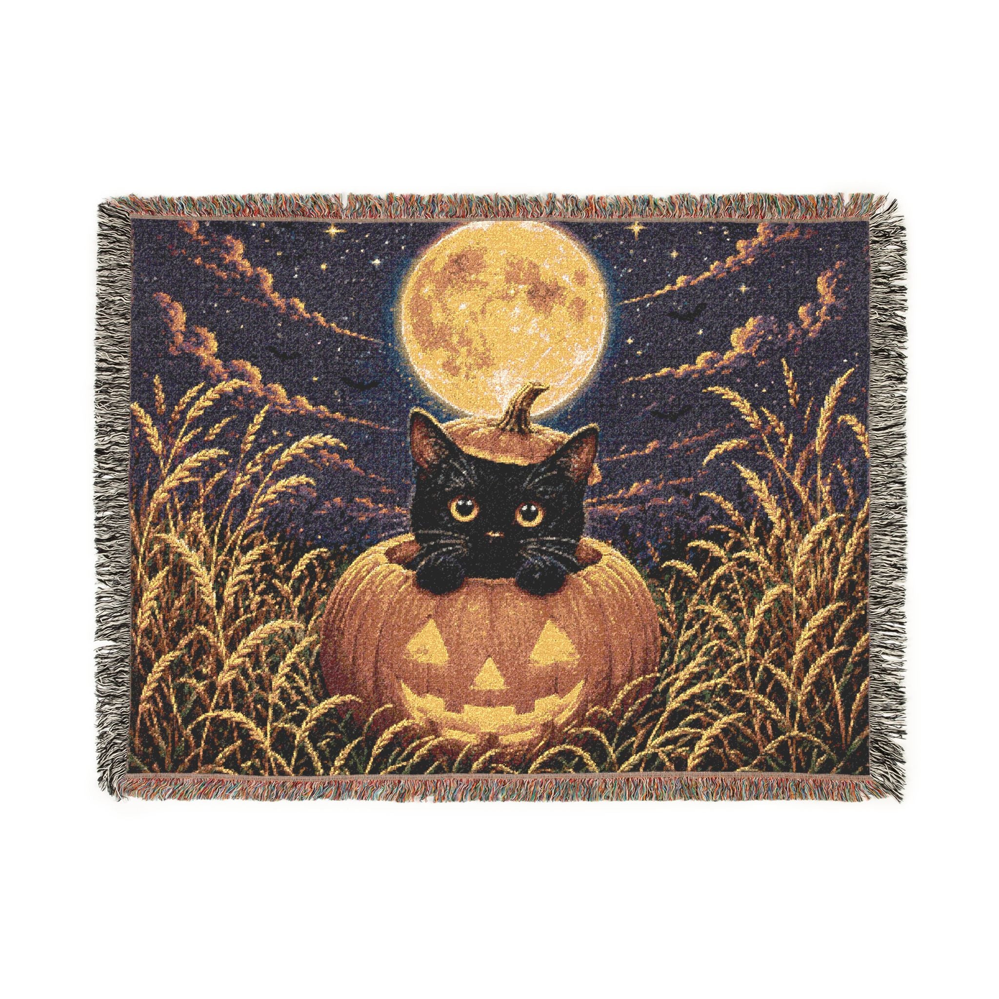Halloween Cat & Full Moon Woven Blanket