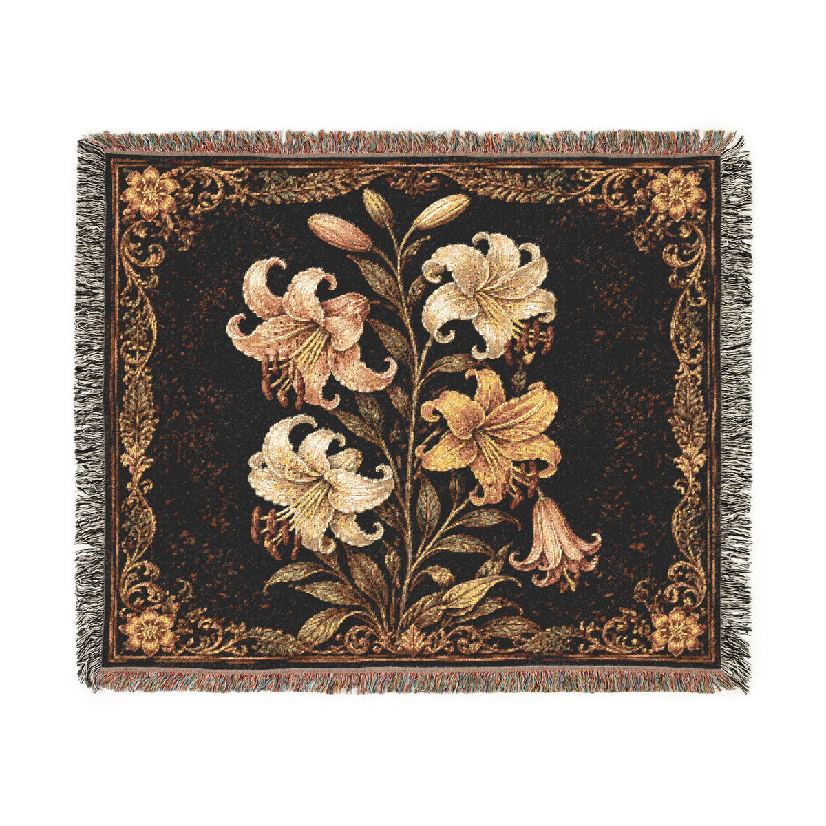 Vintage Floral Lily Woven Blanket | Decorative Throw, Tapestry-Style