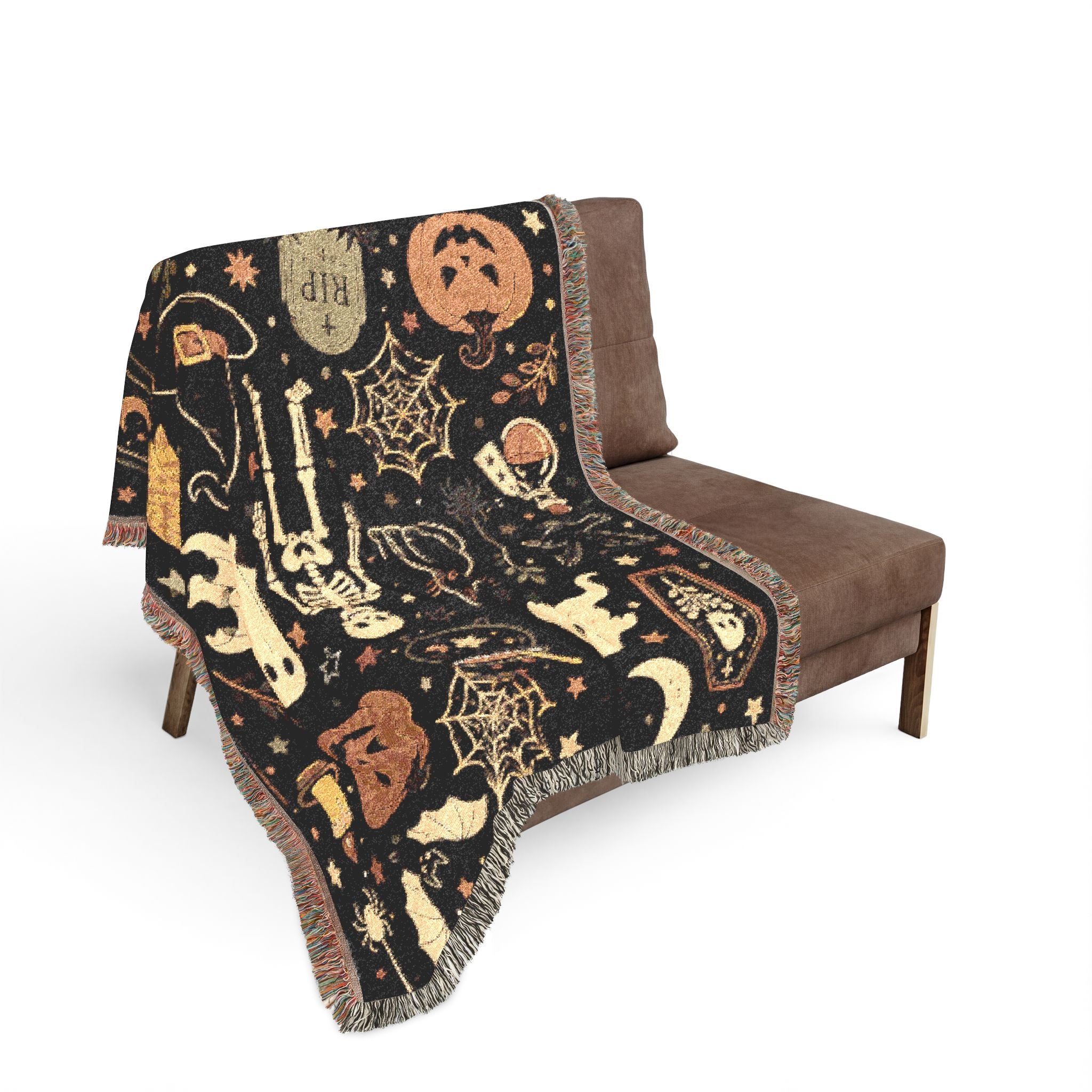 Halloween Spooky Pattern Woven Blanket | Ghosts Pumpkins Skeletons