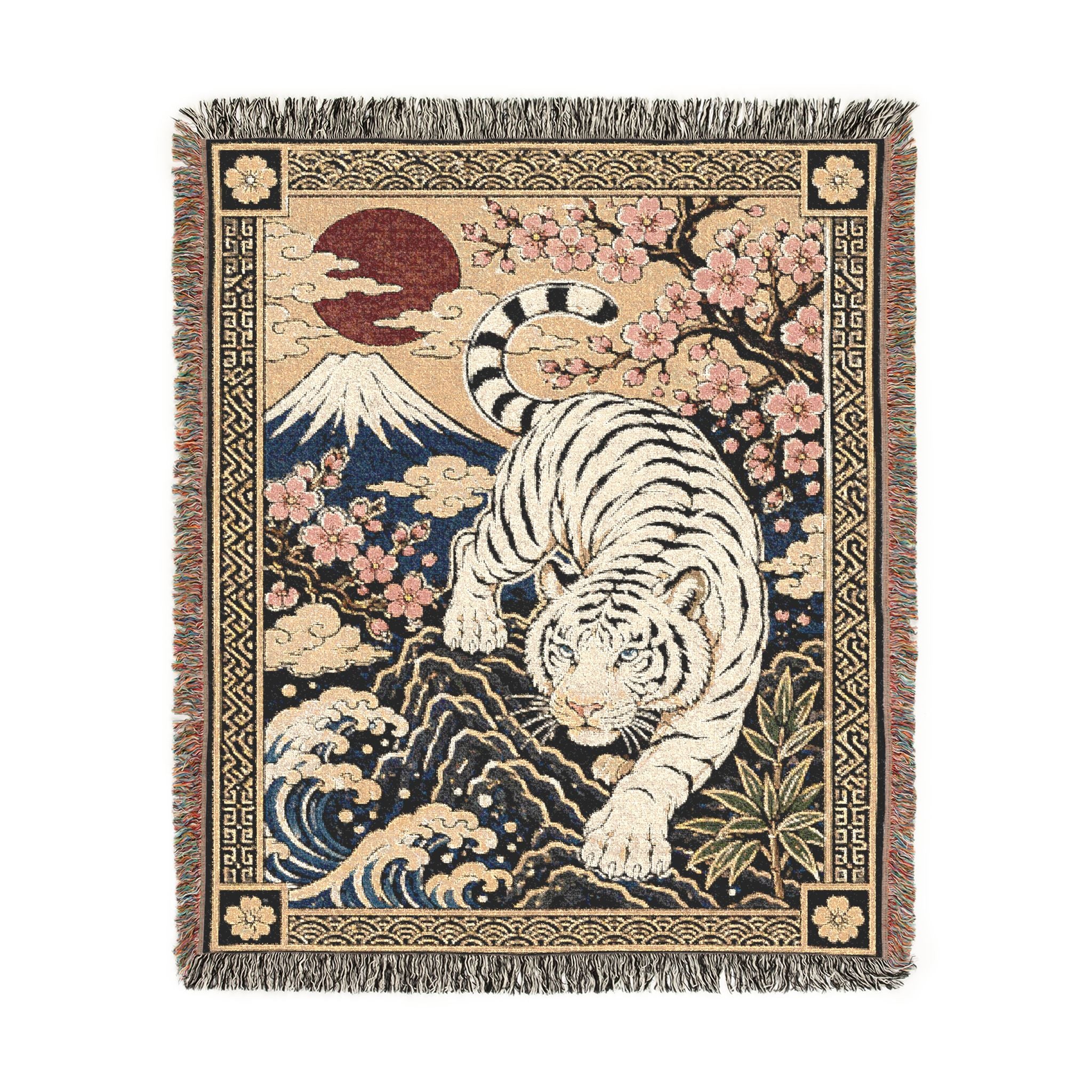 White Tiger Illustration Woven Blanket | Asian Floral Motif, Decorative Throw