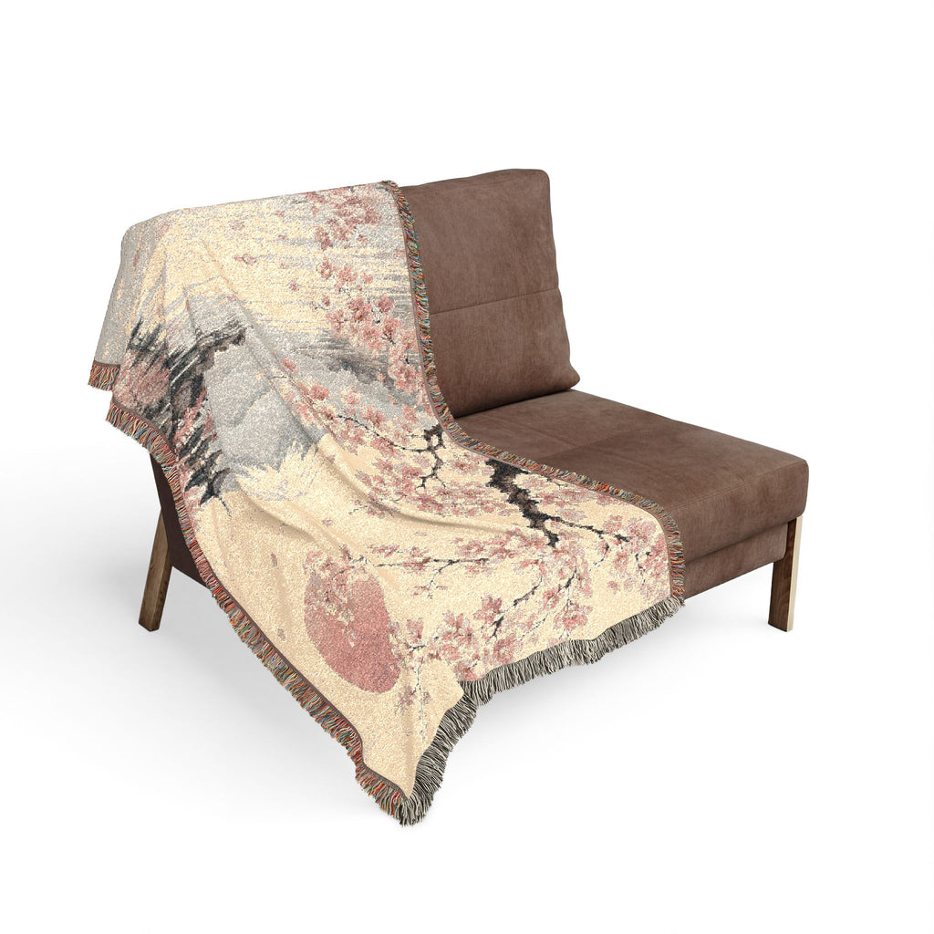 Cherry Blossom Woven Blanket — Japanese Moon Tapestry Throw